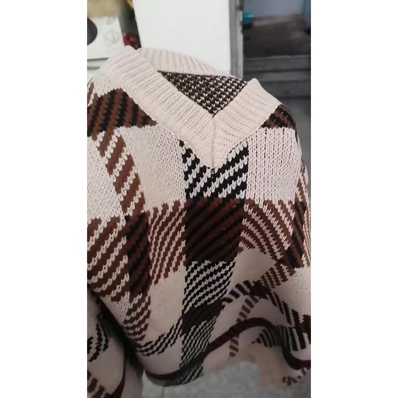 Áo gile len nữ hàn quốc dáng rộng ulzzang cổ v họa tiết kẻ caro mix sơ mi trắng - 038