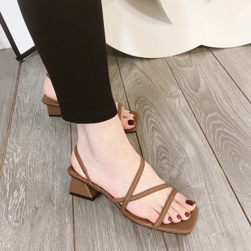 Giày sandal gót vuông quai chéo 3cm màu đen, trắng , nâu hàng chuẩn xịn sò