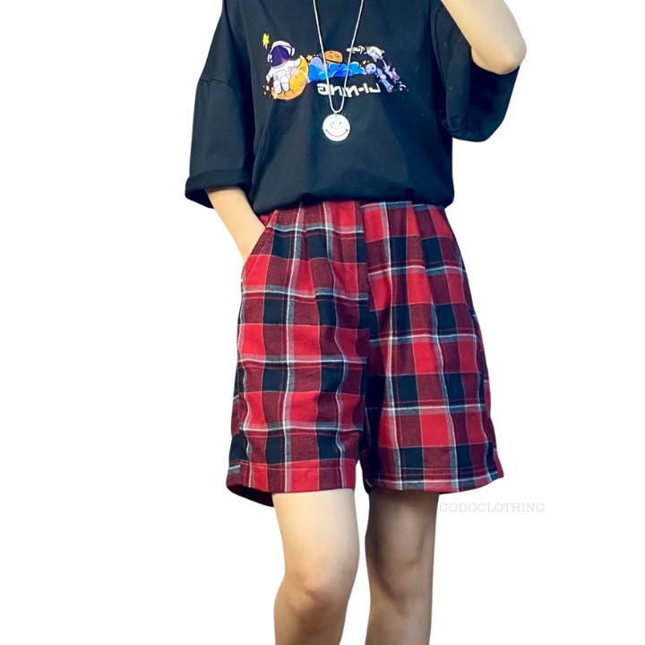 Quần Short Caro Nam Nữ Cạp Cao Ống Rộng Lưng Chun Dáng Quần Unisex Thể Thao Dễ Phối Đồ GODO G09