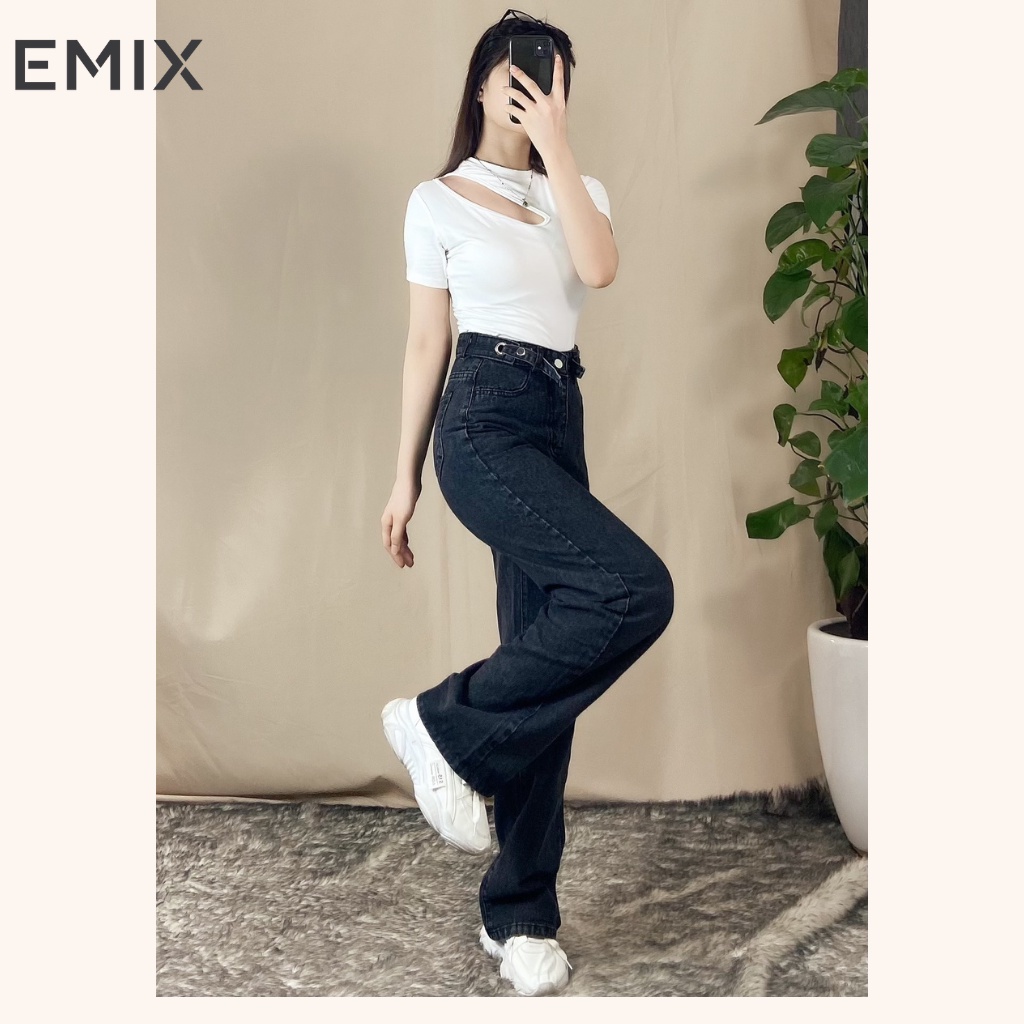 Quần jean nữ đi học EMIX (2 màu),  dáng suông dài, cạp cao, đai tròn, vải loại 1 giặt không phai màu 9003