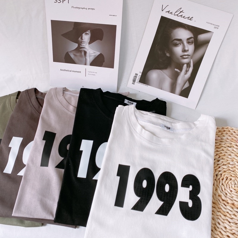 Áo phông 3158, áo thun tay lỡ form rộng chất cotton in số 1993
