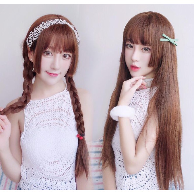Tóc giả nữ mái hime, lưới chấm bi thoáng khí khi đội