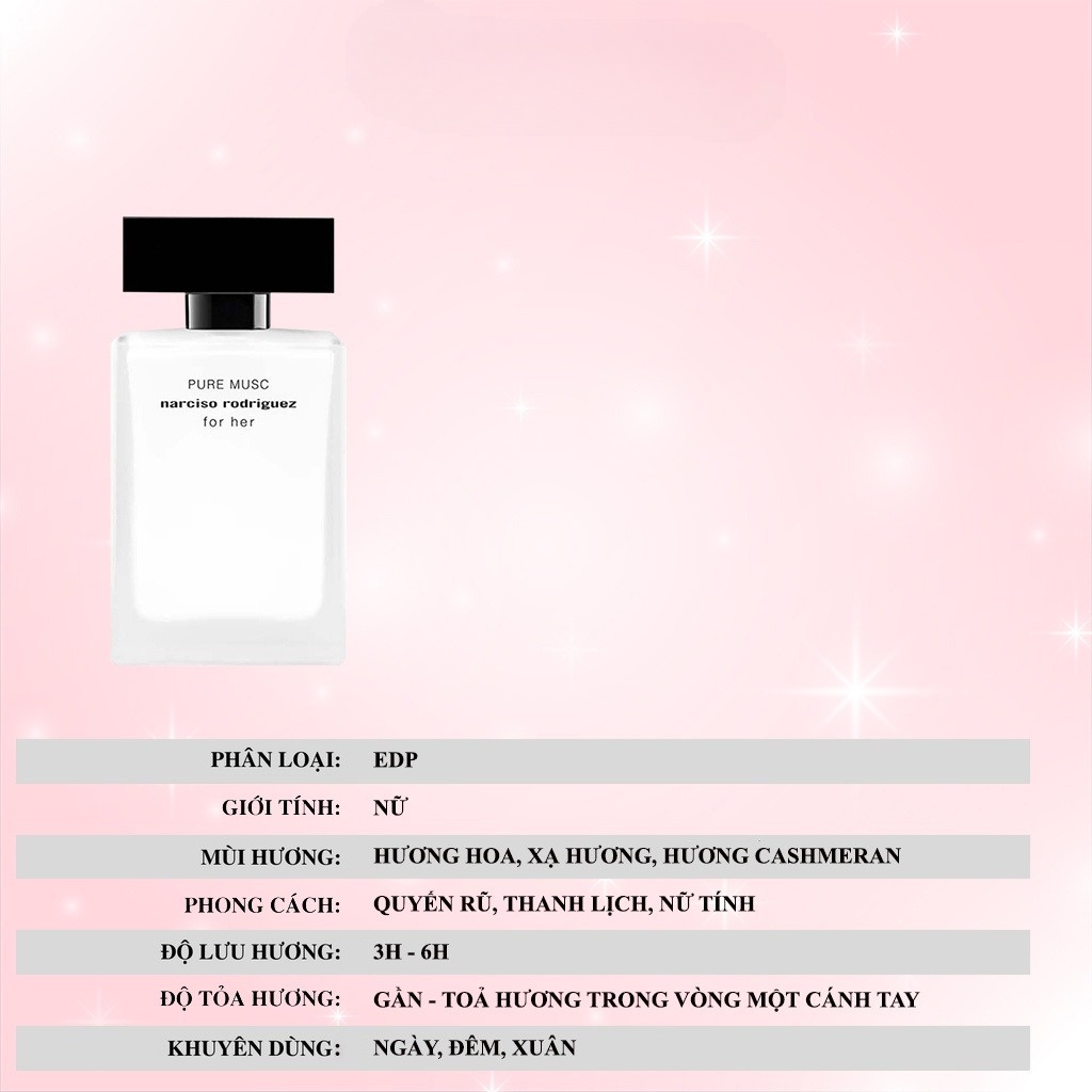 Nước hoa nữ Narciso Rodriguez For Her Pure Musc Noir Rose EDP 100ml 4 mùi, Nar Hồng, Trắng, Đen, Cam gợi cảm tinh tế | BigBuy360 - bigbuy360.vn
