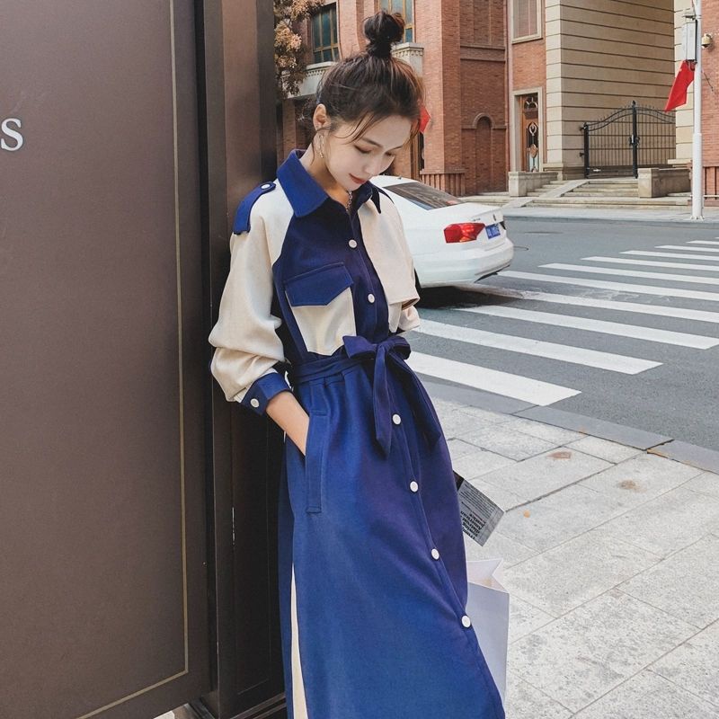 Platycodon grandiflorum French splicing dress Women's medium-long style 2022 Spring and Autumn New style long-sleeved Hepburn style long dress