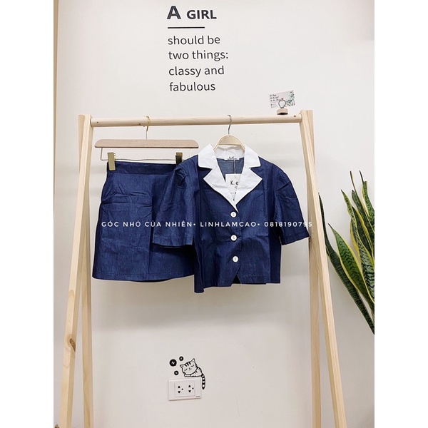 Set Denim Áo Croptop Vest Chân Váy Chữ A Có Quần Trong (ẢNH THẬT+VIDEO)