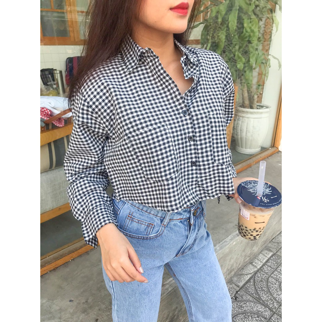 ÁO SƠ MI CARO CROPTOP TAY DÀI 2 TÚI