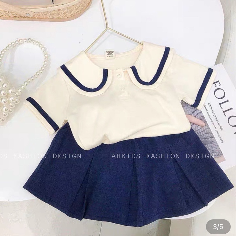 Set chân váy bé gái kết hợp Áo cổ Tròn cotton cao cấp cho bé đi học