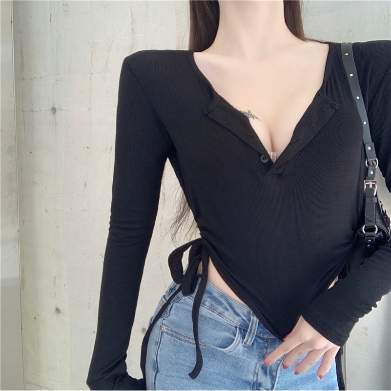 Áo thun tay dài dáng ngắn thiết kế khoét quyến rũ thời trang dành cho nữ