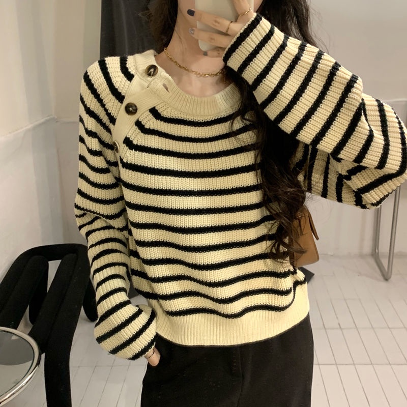 Áo sweater dệt kim kẻ sọc dáng rộng xinh xắn dành cho nữ