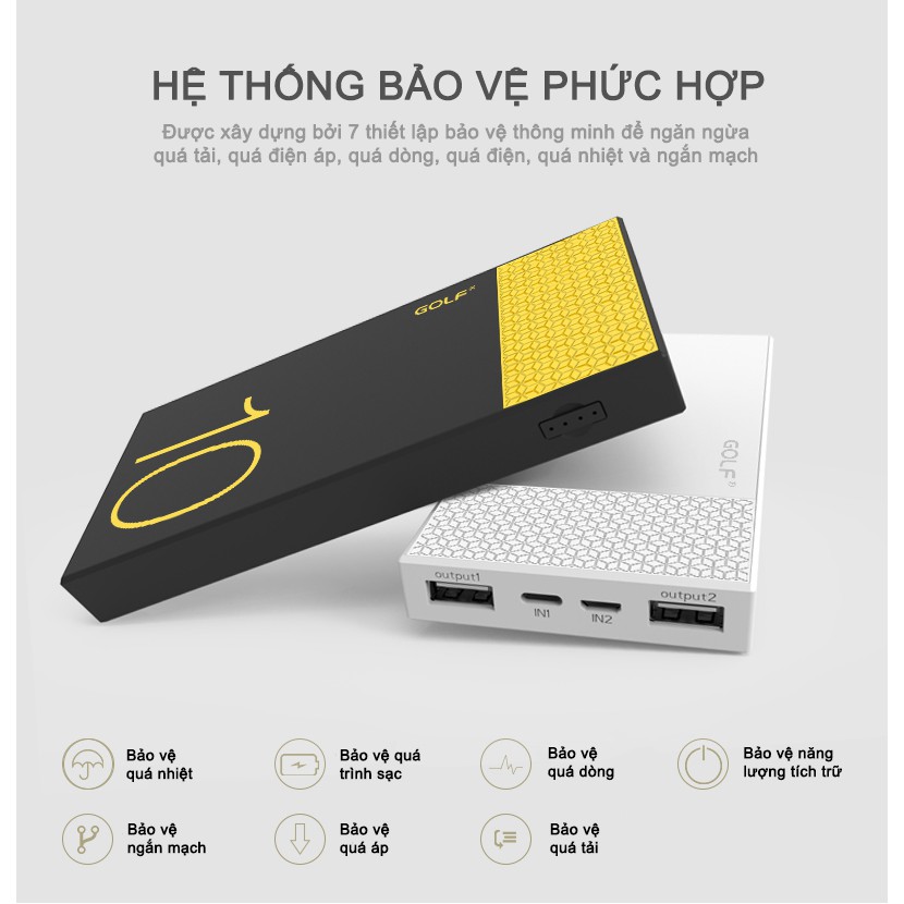 Sạc dự phòng Golf Hive 10 - 10.000mAh/3.7v pin LithiumPolymer - đầu vào Lightning, Micro