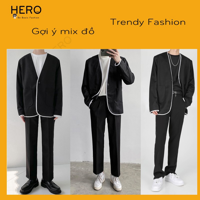 quần blazer nam [Siêu Độc] Áo Blazer Nam Dài Tay Form Dáng Rộng Phối Viến Trắng Không Cổ Thời Trang Hero Phong Cách Hà