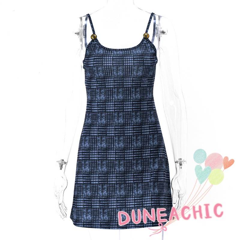 DUNEA Đầm hai dây hở lưng họa tiết sọc caro phong cách cổ điển