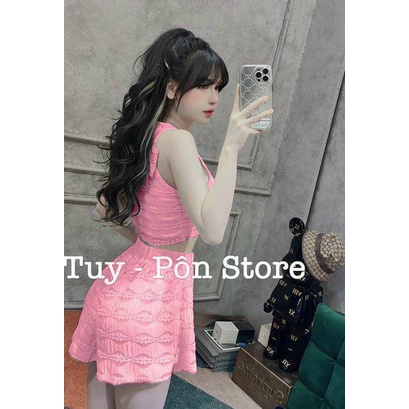 Set đồ nữ cá tính, sang chảnh đi chơi đẹp, đồ bộ nữ dễ thương chất ren 2 lớp quần short dây rút kèm áo croptop 2 dây