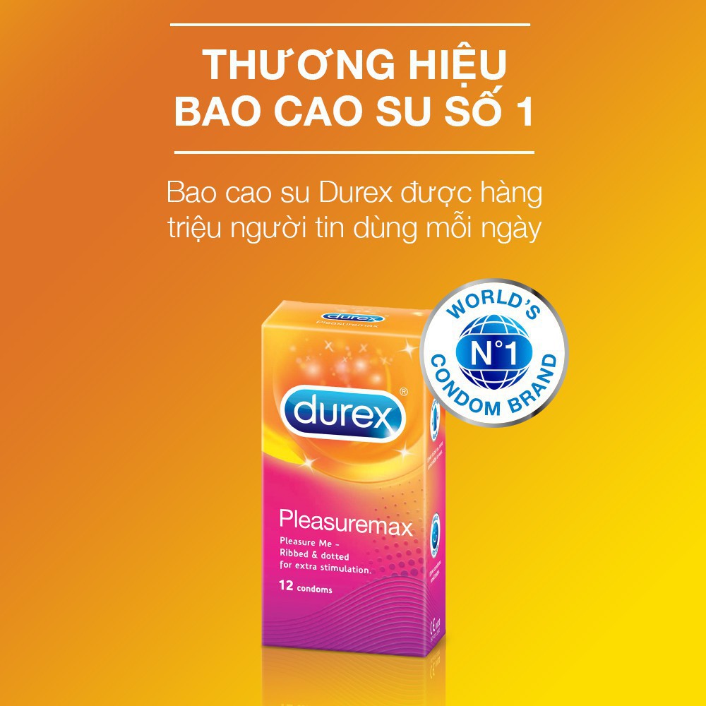 Bao cao su Durex Pleasuremax có gân và hạt nổi quanh thân giúp gia tăng khoái cảm, tạo cảm xúc hộp 12 bao