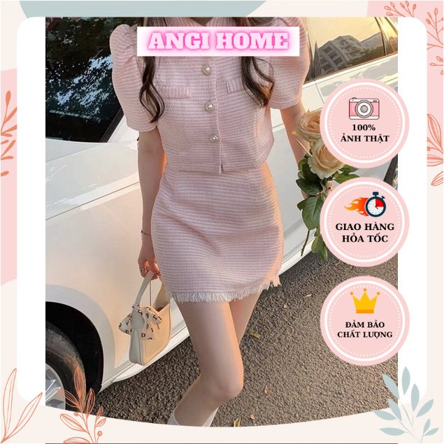 SET ÁO CROPTOP HỒNG CỔ SƠ MI + CHÂN VÁY DẠ TƯA LAI LÓT QUẦN ANGI HOME