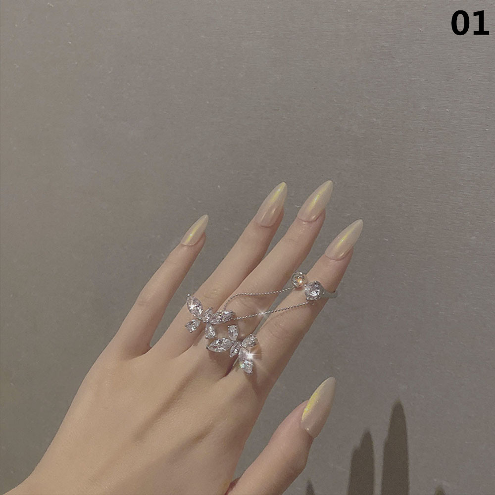 [sweet] woman fashion retro Crystal Butterfly taseel chain Opening Adjustment Rings index finger  rings gift