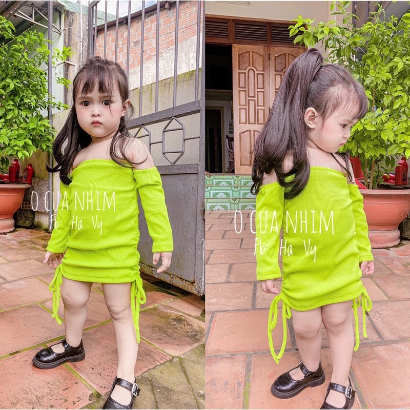 Váy body trễ vai dài tay thun gân cho bé iu