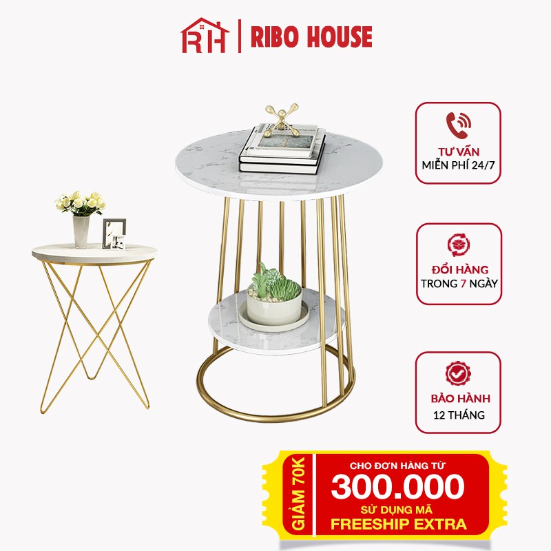 Bàn trà sofa RIBO HOUSE mặt đá tròn hình vân mây khung kim loại sơn tĩnh điện nội thất phòng khách cafe ban công RIBO50