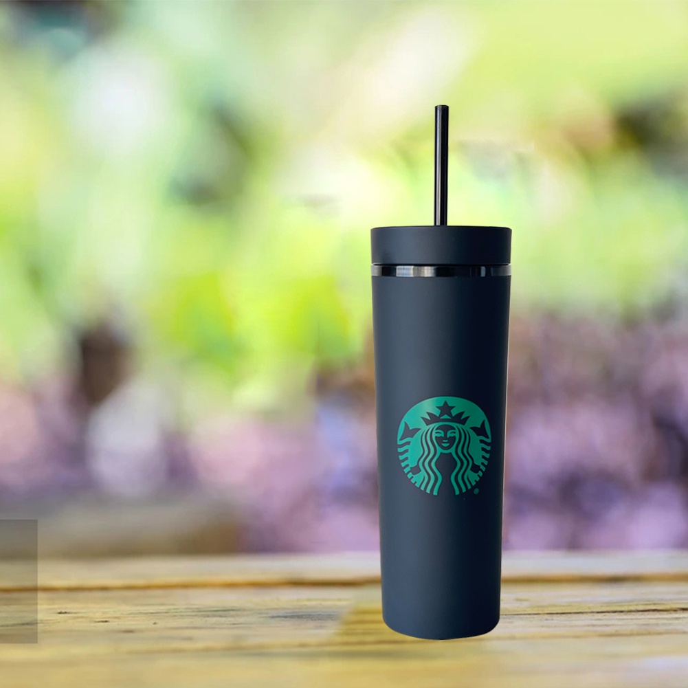 Cốc cà phê trái cây màu đen Starbucks 500ml Cốc uống nước thẳng ô tô dày hai lớp có ống hút