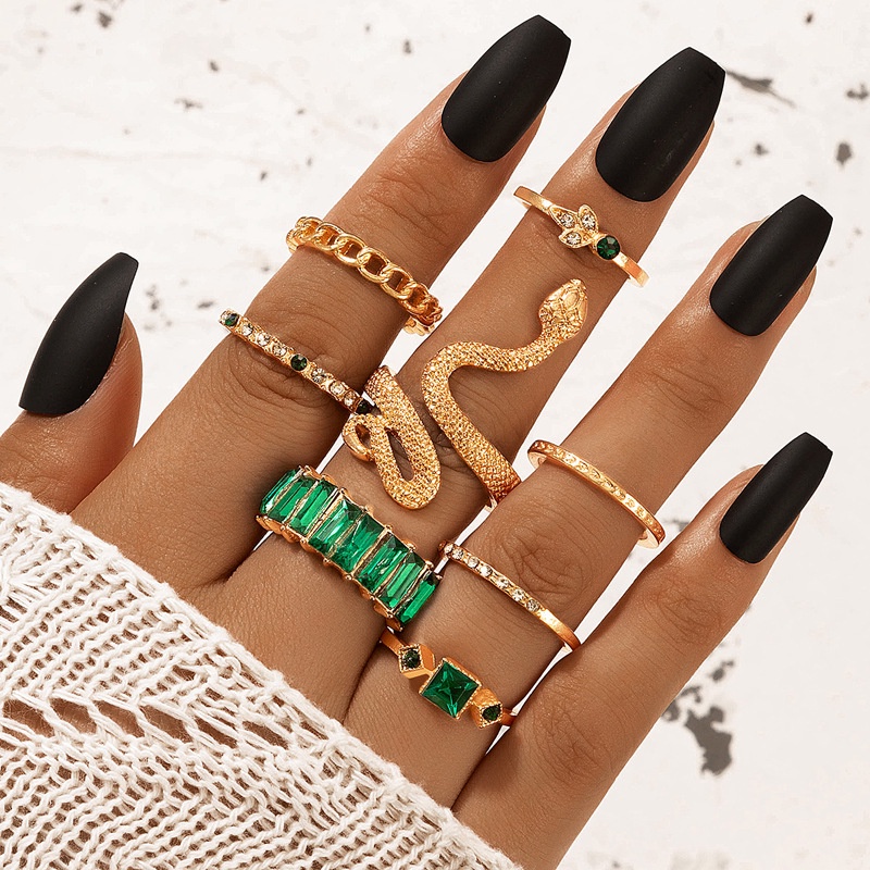 Set 6 Nhẫn Kim Cương Giả zircon Hình Rắn Màu Xanh Lá Thời Trang Phổ Biến Làm Quà Tặng Đám Cưới Cho Bạn Nữ