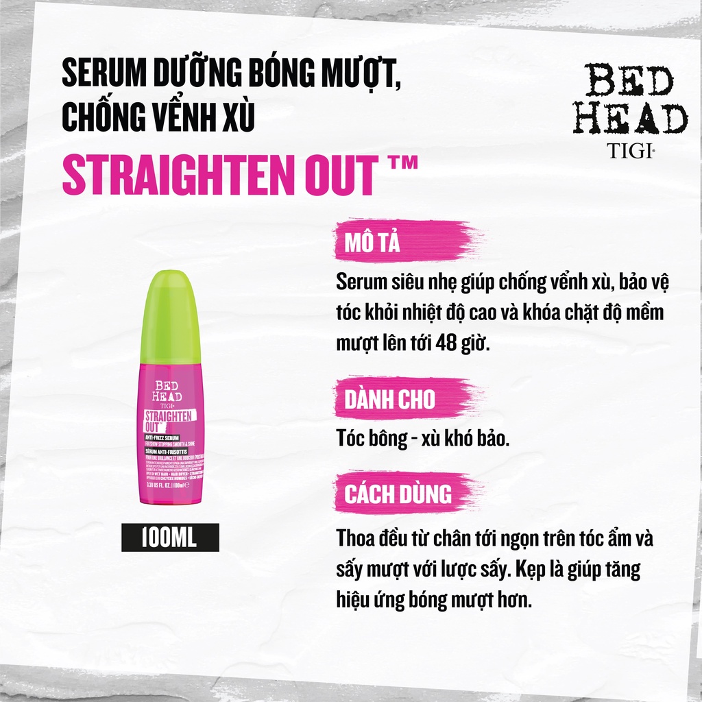 TIGI Bed Head Serum Dưỡng Bóng Mượt, Chống Vểnh Xù Straighten Out 100ml