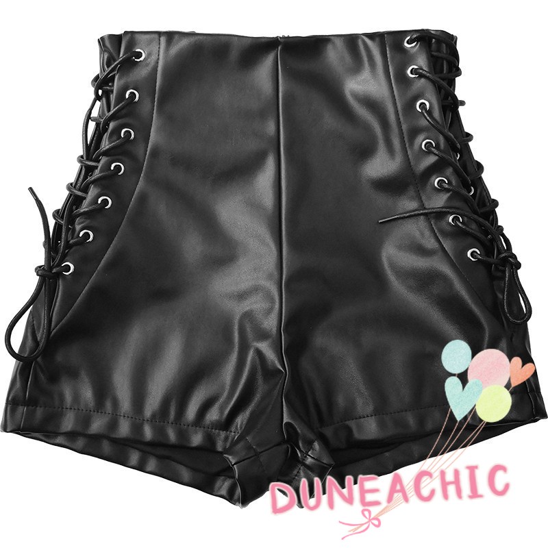 Quần short DUNEA da pu màu đen lưng cao quyến rũ thời trang cho nữ