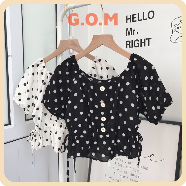 Áo Kiểu Nữ Rút Dây Hoạ Tiết Chấm Bi Gomtrend