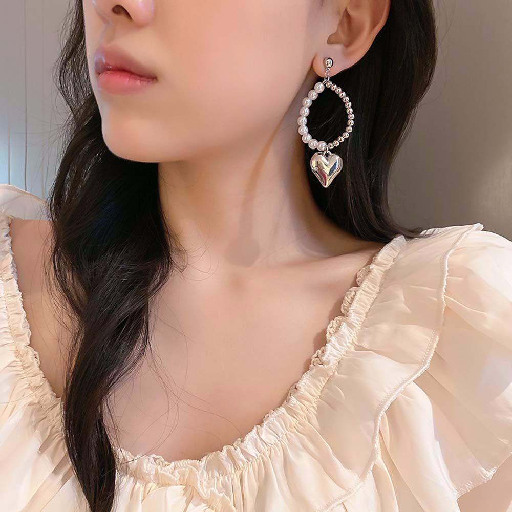 Bông Tai Mạ Bạc Dáng Dài Hình Trái Tim Màu Sắc Đơn GiảnĐôi Bông Tai Dáng Rơi Họa Tiết Dây Xích Thời Trang Cho Nữ