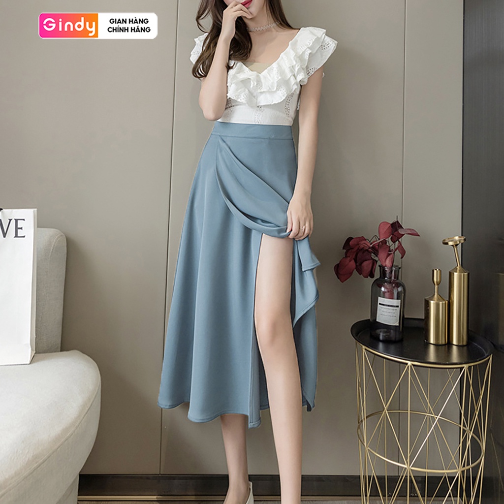 Chân váy lụa dài mùa thu GINDY cạp cao dáng cánh tiên công sở thời trang thanh lịch V10116