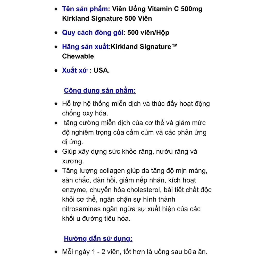 Date T1/2024_ Viên Nhai Vitamin C 500mg Kirkland Signature 500 Viên của Mỹ