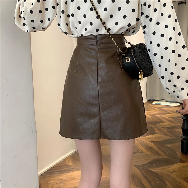 Chân Váy Da PU Lưng Cao Dáng Chữ A Thời Trang Mùa Thu Phong Cách Hàn Quốc Cho Nữ