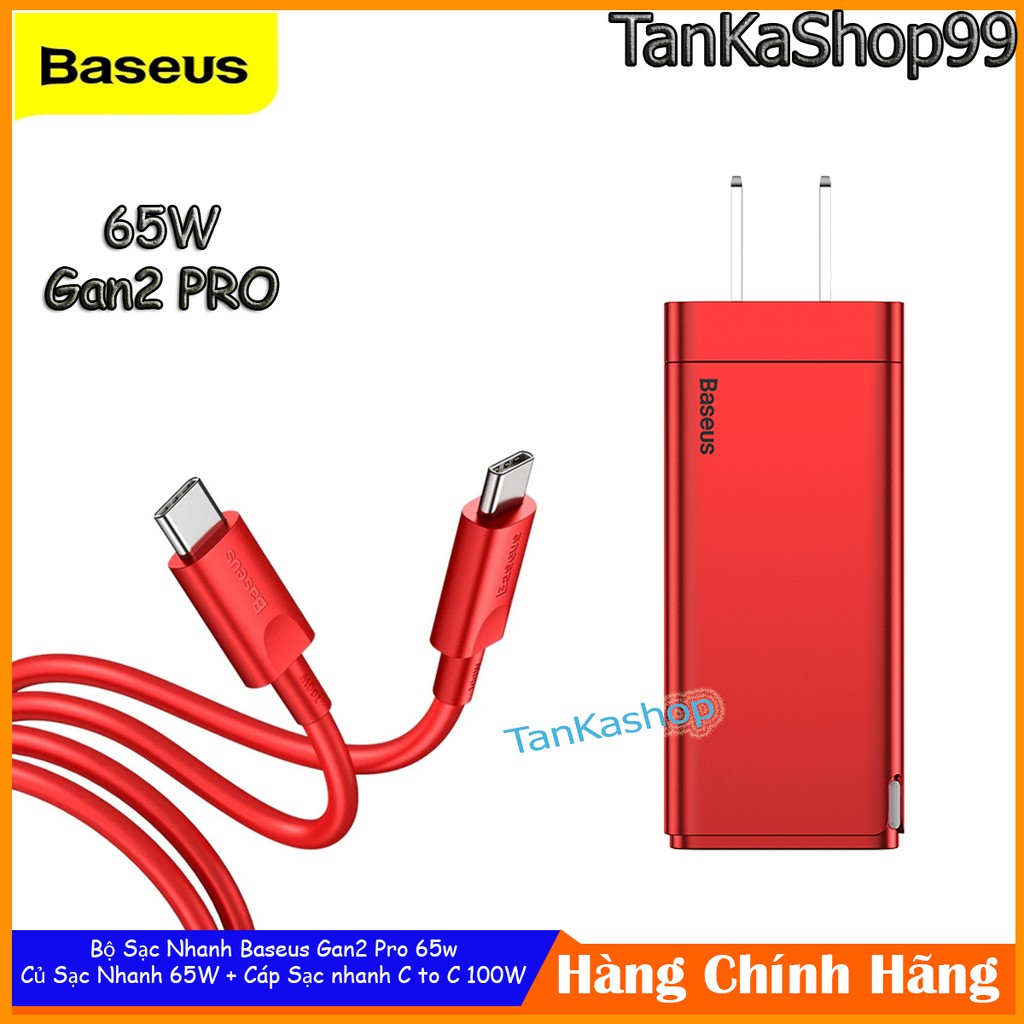 Bộ Sạc Nhanh Baseus Gan2 Pro 65w + Cáp C to C 100W, Hỗ Trợ PD3.0, QC4+, AFC/SCP/FCP cho iphone, huawei, samsung...