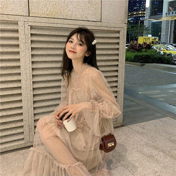 Đầm Lưới Dáng Rộng Cột Dây Phối Sequin Ngọt Ngào Phong Cách Hàn Quốc Thời Trang Xuân Hè Cho Nữ