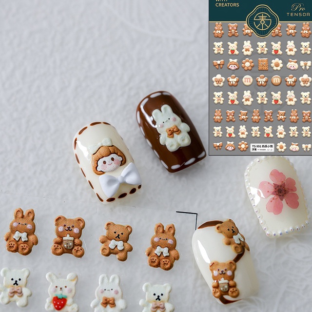 1 Tờ Miếng Dán Móng Tay Dập Nổi Hình Gấu Hoạt Hình 5D Sáng Tạo Dễ Thương