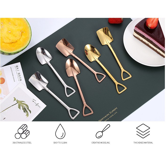 Muỗng, Thìa Tráng Miệng Inox SUS 304 Dùng Ăn Kem, Bánh, Trái Cây, Thiết Kế Hình Xẻng Mini Màu Vàng Rose, Gold Sang Trọng