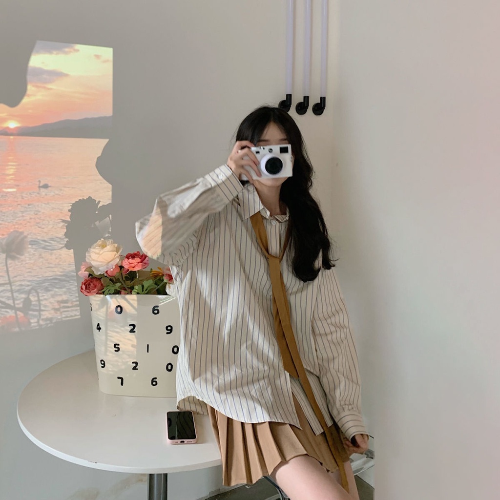 Set Áo Sơ Mi Kẻ Sọc Và Chân Váy Xếp Ly Thời Trang Xuân Hè Trẻ Trung Cho Nữ