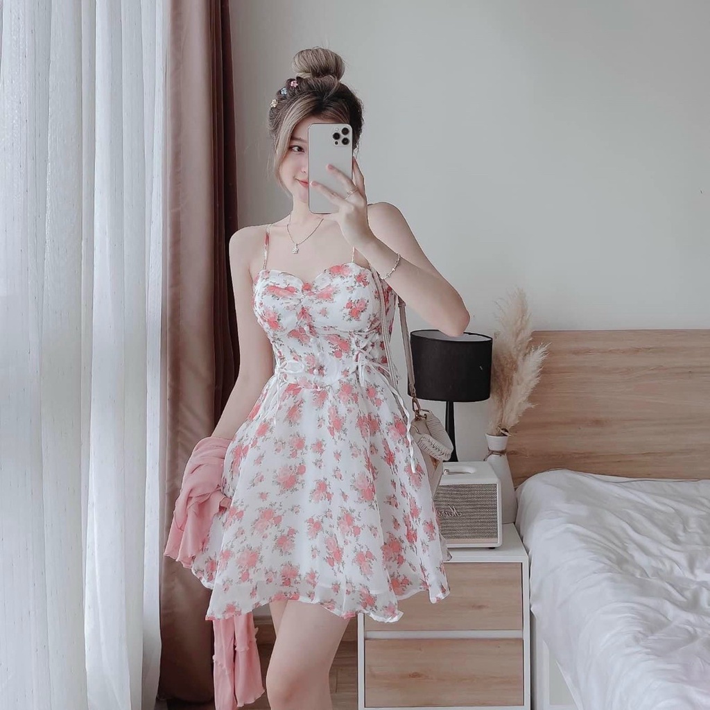 Sét 2 món áo khoác tay dài kèm đầm voan hoa hai dây nhún ngực đính cườm xinh xắn dễ thương