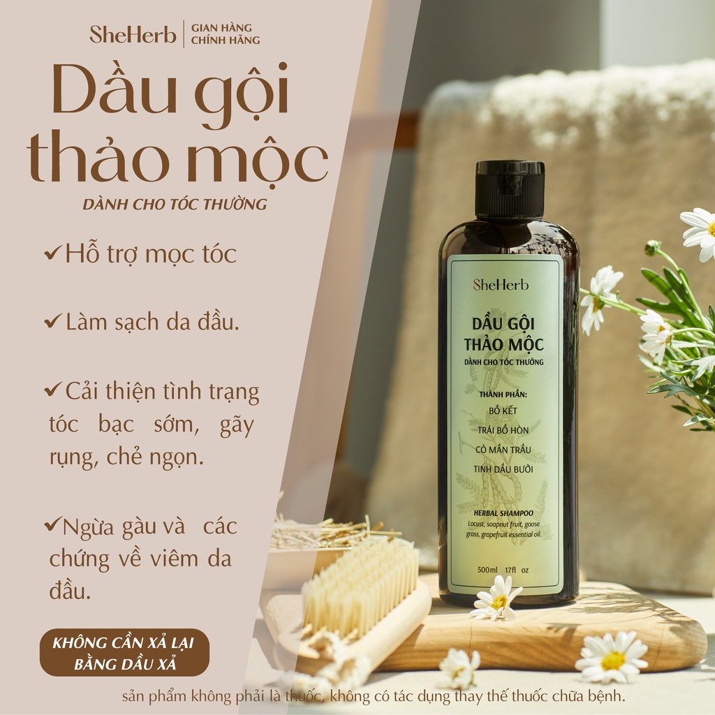 Dầu Gội Thảo Dược Ngăn Ngừa Rụng Tóc Bồ Kết SheHerb - Nuôi Dưỡng, Bảo Vệ Tóc, Giảm Gàu 250ml - 500ml