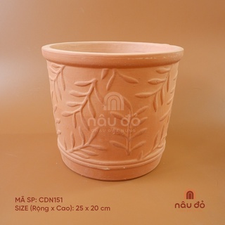 Chậu đất nung trồng cây hoạ tiết lá nổi size 25 cm