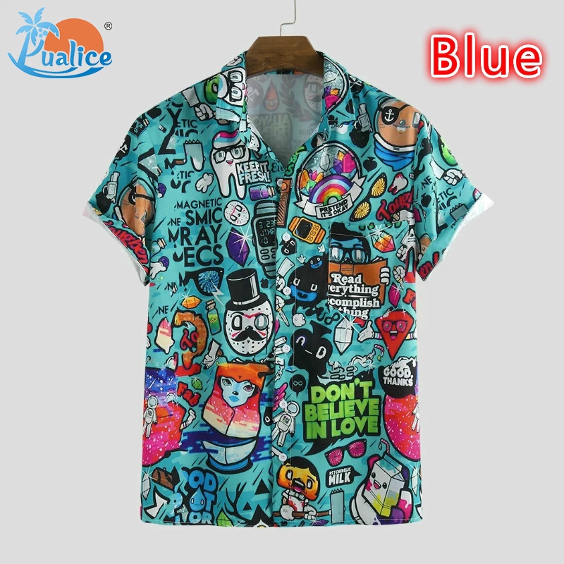 Áo sơ mi tay ngắn cổ bẻ thời trang nam chủ đề hoạt hình màu Graffiti | BigBuy360 - bigbuy360.vn