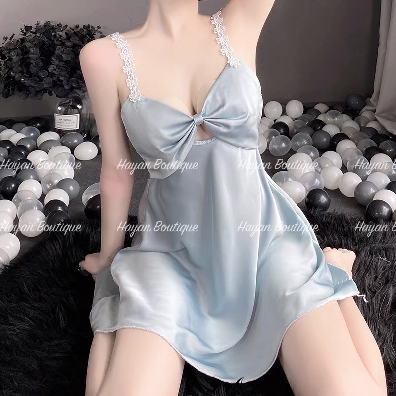 HT60 Váy ngủ sexy hai dây ren hoa dáng xoè tặng CHÍP, đầm ngủ lụa ngực xoắn nơ gợi cảm HT60