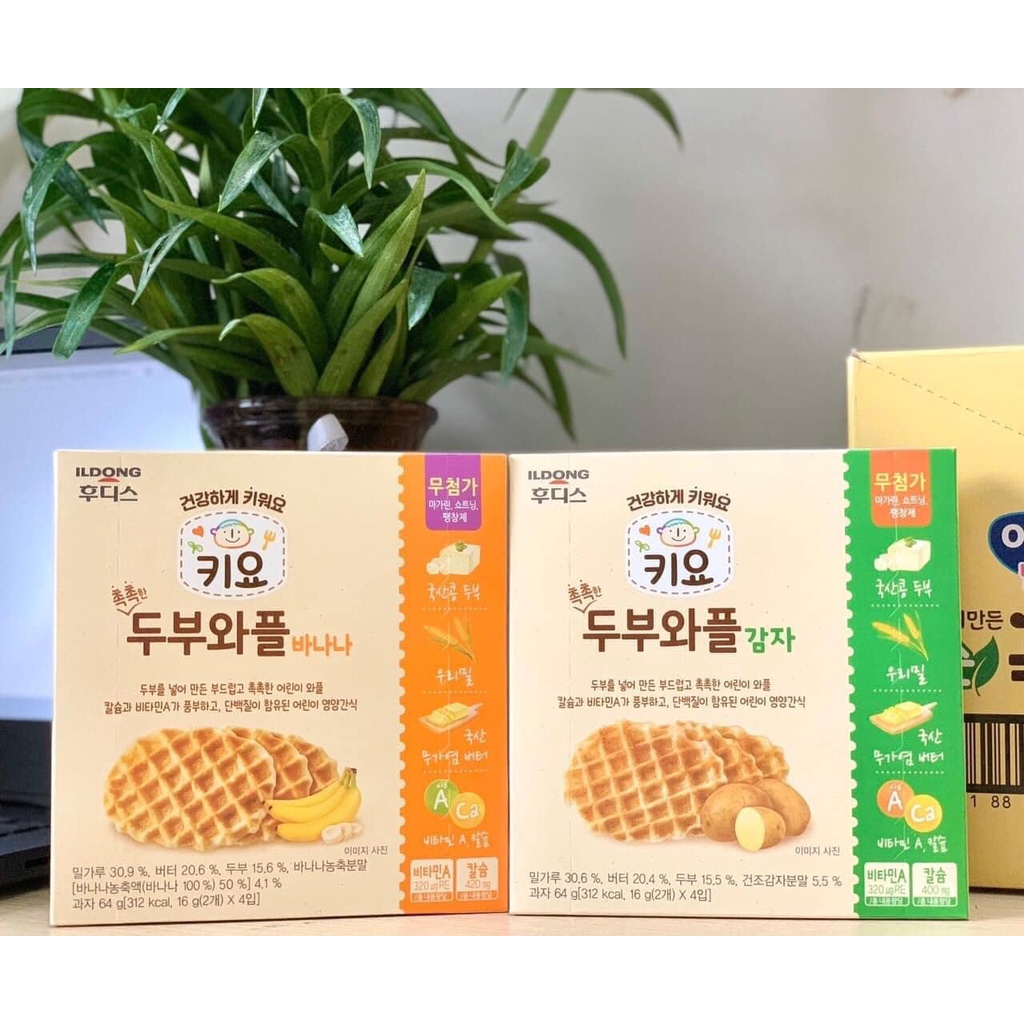 Bánh Quế Waffle Đậu Hũ Non Ildong Hàn Quốc Bánh Ăn Dặm Cho Bé 7 Tháng Tuổi Vị Chuối Khoai Tây