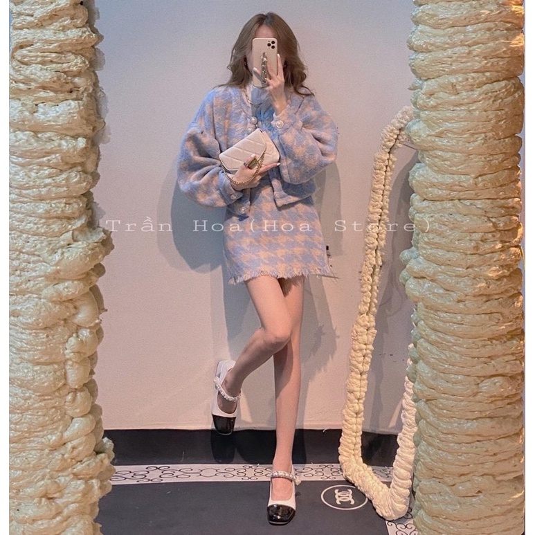 SET DẠ CARO XANH ÁO NÚT CHÂN VÁY