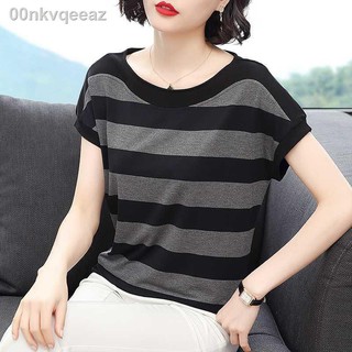 Summer Áo thun nữ ngắn tay sọc kiểu mới 100% cotton phiên bản hàn quốc rộng rãi cộng size cho mẹ trung niên hàng đ