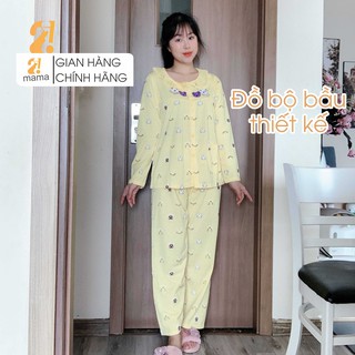 Đồ bộ bầu sau sinh dài tay 2MAMA Gấu nhỏ mặc nhà chất mát V60