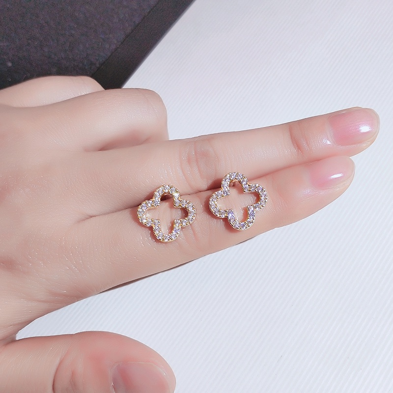 Khuyên tai JIUDUOLAN dạng kẹp/ xỏ kiểu cỏ bốn lá rỗng đính đá nhân tạo toàn diện thời trang Hàn Quốc thanh lịch cho nữ