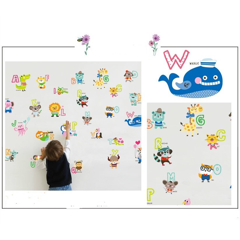 Decal dán tường, hình dán tường trang trí mẫu học tiếng anh cùng bé qua các chữ cái và con vật