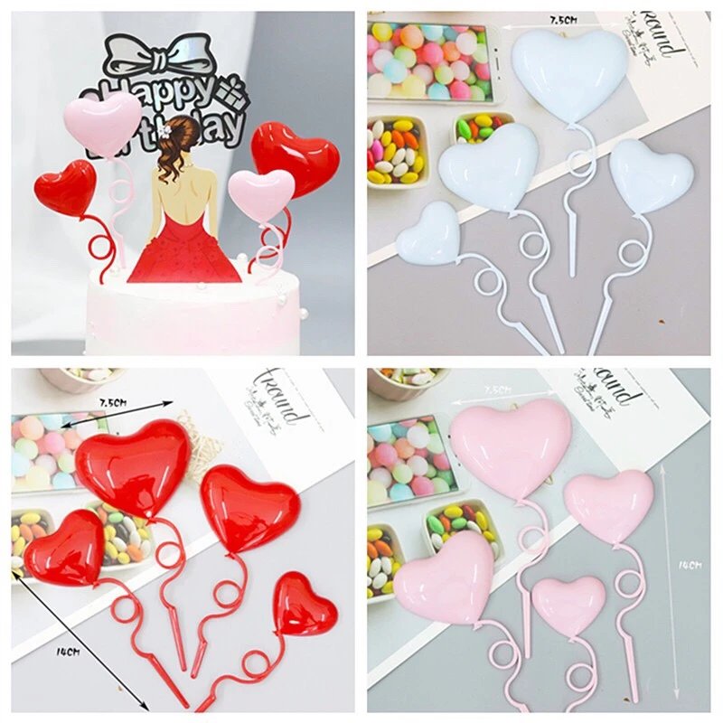 Set 4 bong bóng hình trái tim trang trí bánh nhiều màu lựa chọn