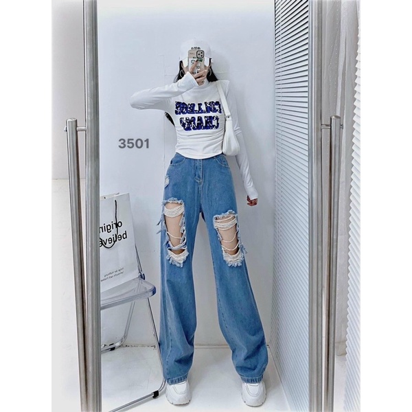 Quần bò ống rộng, jean nữ rách gối tua rua màu xanh đậm siêu cá tính hack dáng hàng cao cấp Lê Huy Fashion MS 3501