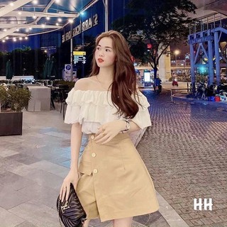 SET Áo trễ vai bèo trắng kèm Chân váy kaki⚡️Ảnh thật